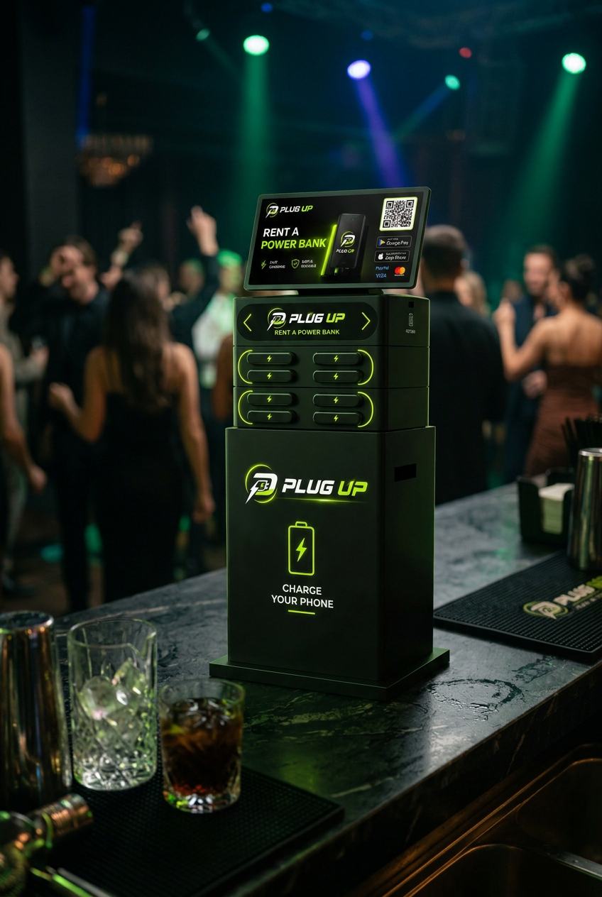 A guest renting a portable charger from a Plug Up machine in a bar